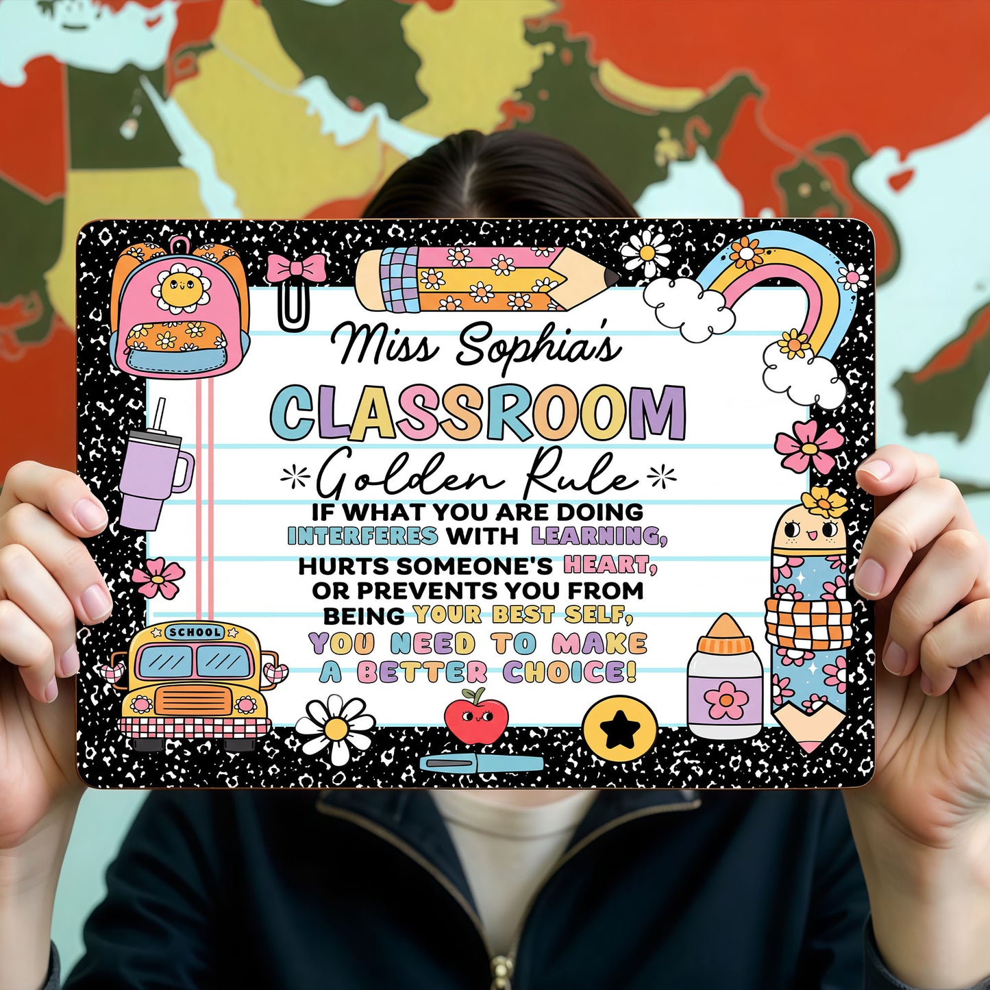 My Classroom Golden Rule With School Bus And Rainbow Decor - Personalized Metal Sign - TEACH263_MSIGN