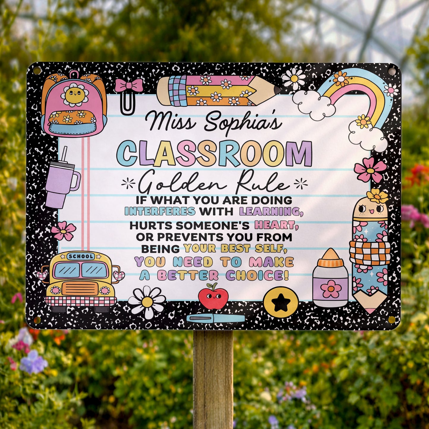 My Classroom Golden Rule With School Bus And Rainbow Decor - Personalized Metal Sign - TEACH263_MSIGN
