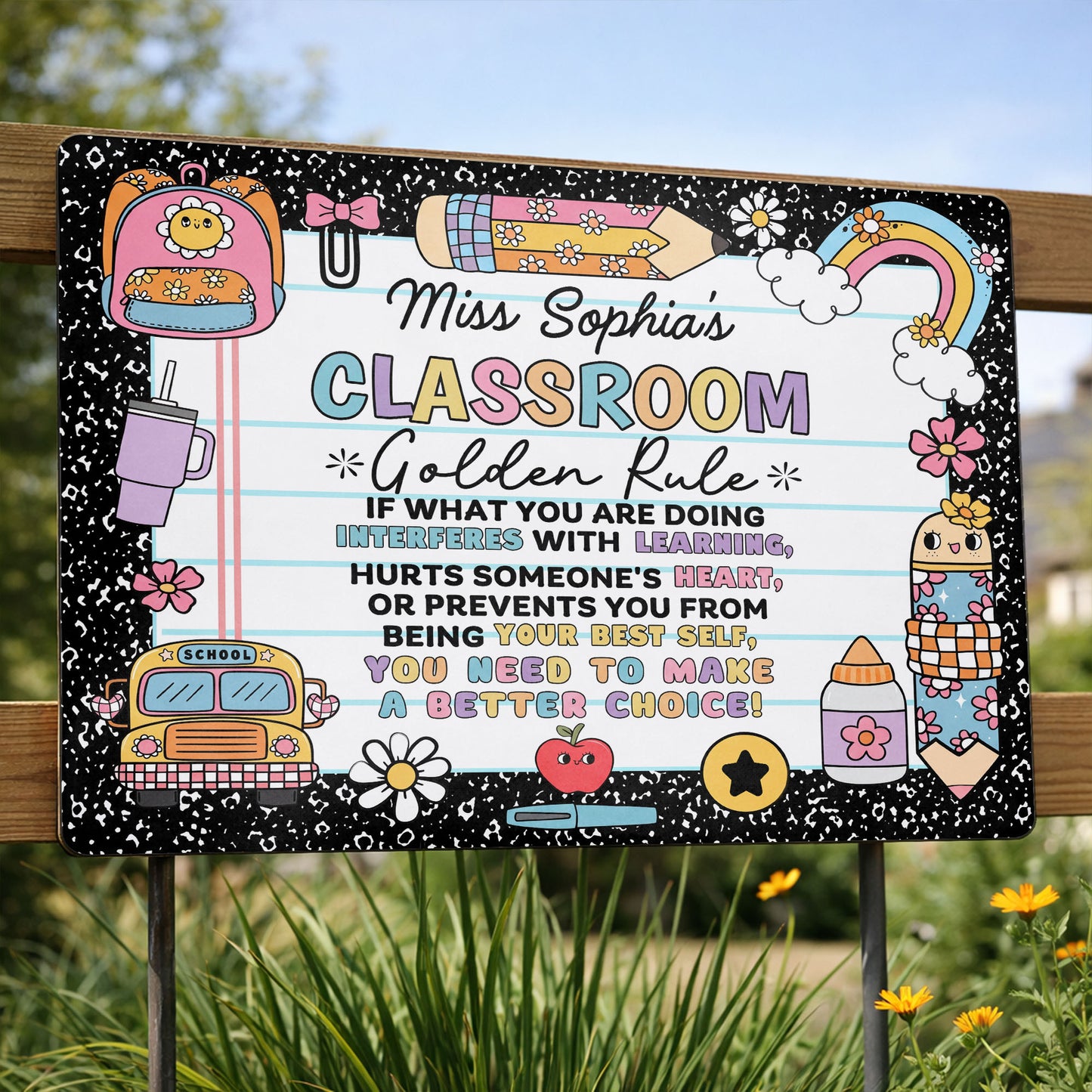 My Classroom Golden Rule With School Bus And Rainbow Decor - Personalized Metal Sign - TEACH263_MSIGN