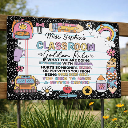 My Classroom Golden Rule With School Bus And Rainbow Decor - Personalized Metal Sign - TEACH263_MSIGN