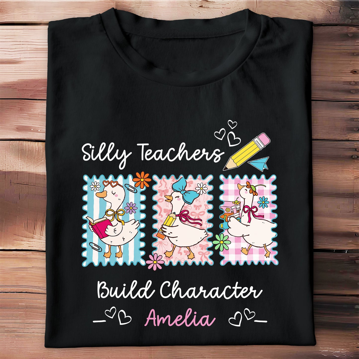 Silly Teachers Build Character With Cartoon Ducks And School Pencils - Personalized Custom Unisex T-shirt, Hoodie - TEACH317_BBAS