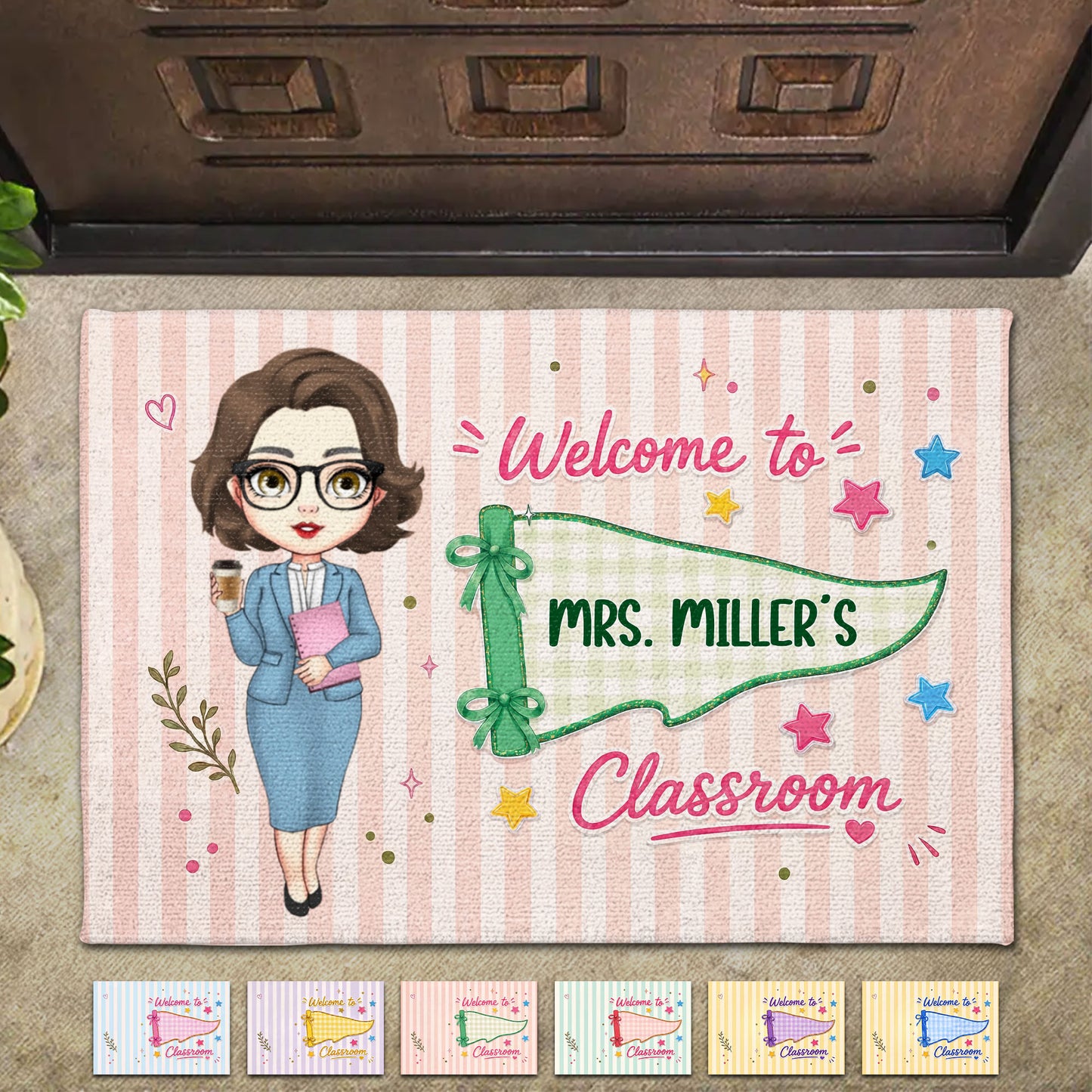 Welcome To My Classroom Teacher Pennant Flag And Stars - Personalized Custom Doormat - TEACH321_DRM