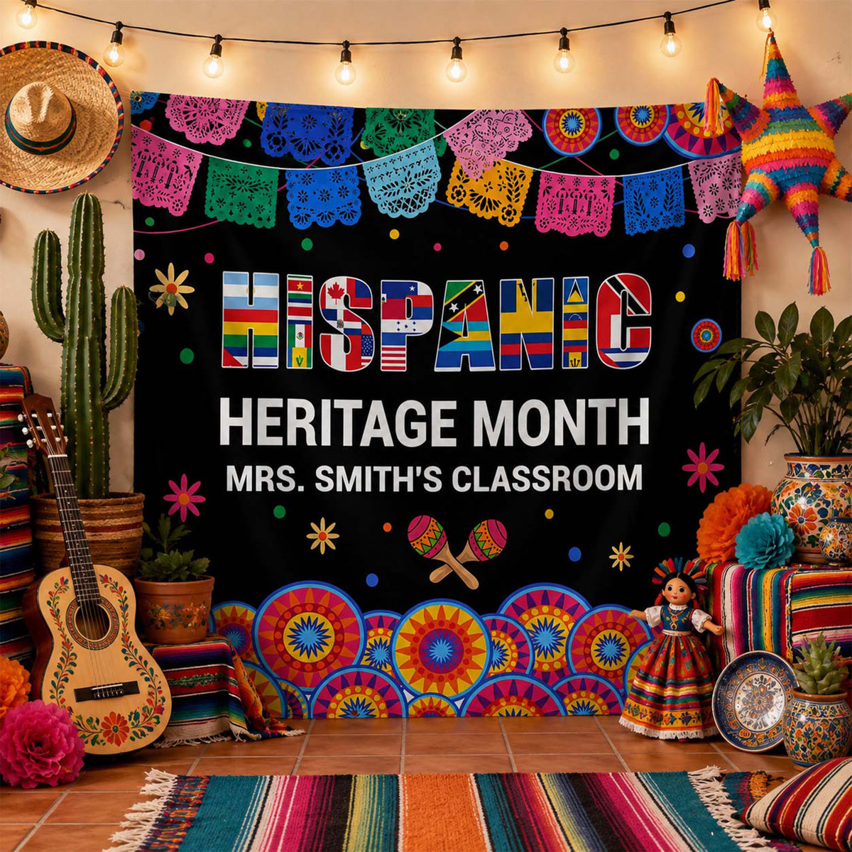 Hispanic Heritage Month My Classroom With Flags And Maracas - Personalized Backdrop - TEACH419_BADRO