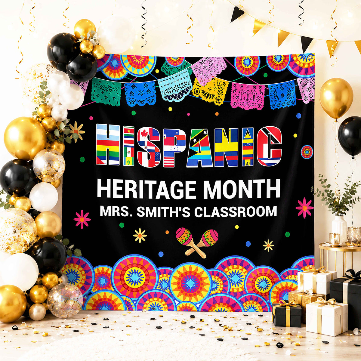 Hispanic Heritage Month My Classroom With Flags And Maracas - Personalized Backdrop - TEACH419_BADRO