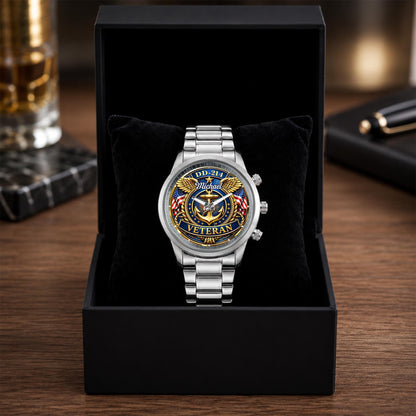 DD-214 Veteran US Navy Anchor And Wings Design - Personalized Custom Men's Watch - VTR025_CUMWA