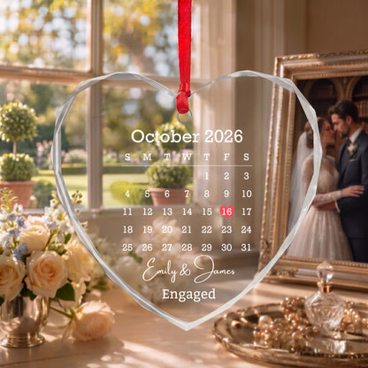 Engaged Custom Calendar Heart Design With Special Date - Personalized Heart Glass Ornament - WEDD023_HEGOR