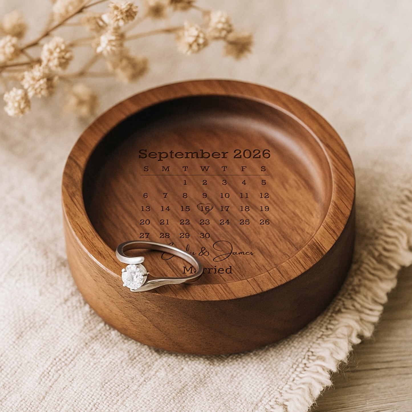 Married Custom Calendar Heart Personalized Round Wood Ring Dish - Personalized Round Wood Ring Dish - WEDD023_RWOD