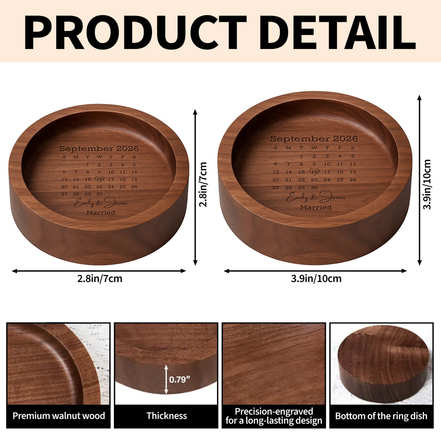 Married Custom Calendar Heart Personalized Round Wood Ring Dish - Personalized Round Wood Ring Dish - WEDD023_RWOD