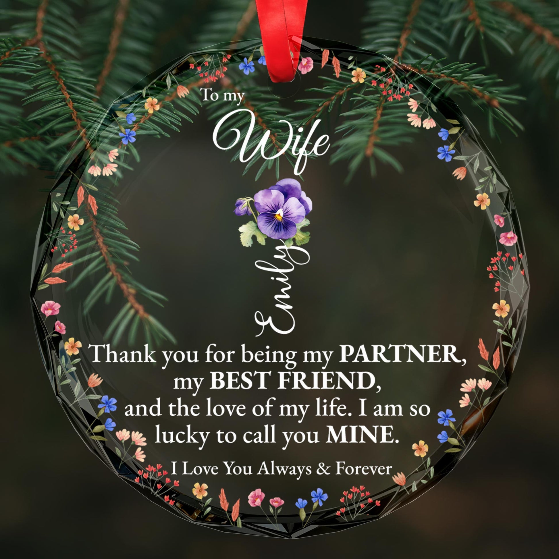 Eternal Love & Flowers Custom Glass Ornament For Wife
