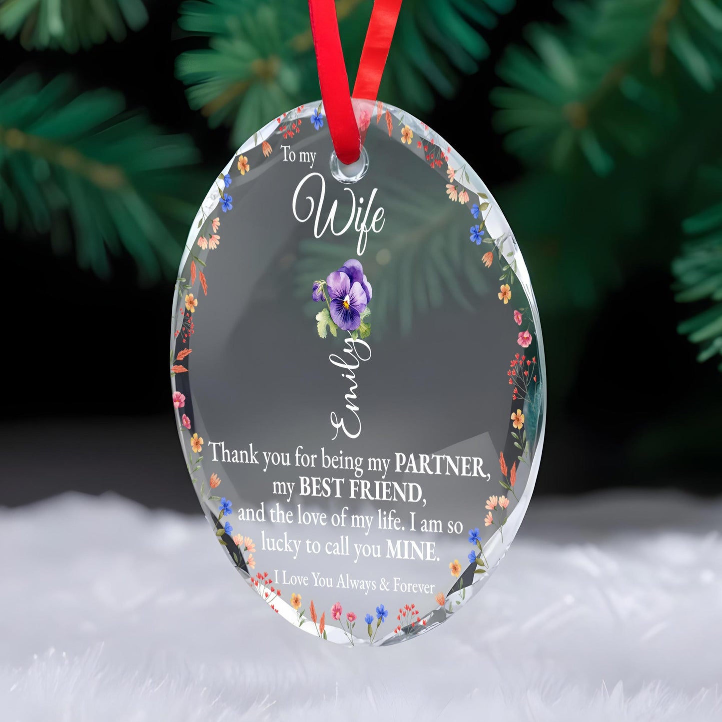 Eternal Love & Flowers Custom Glass Ornament For Wife