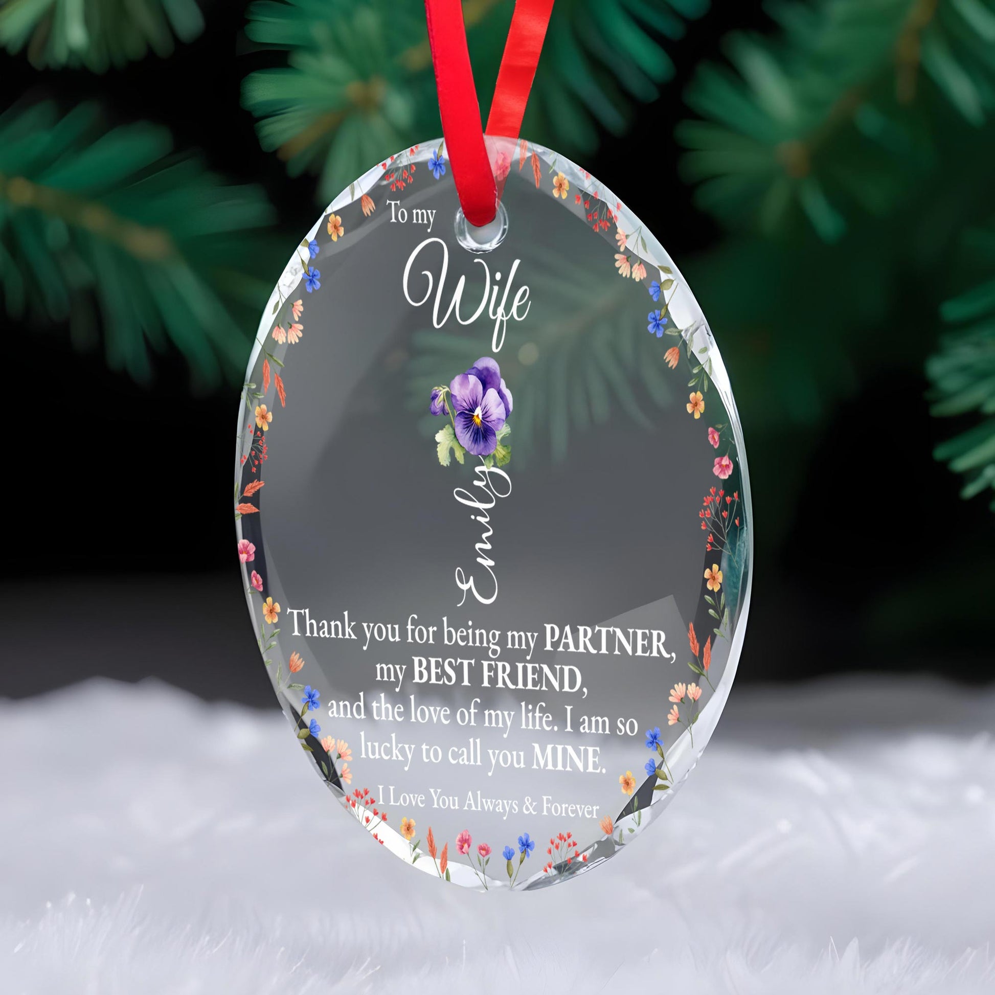 Eternal Love & Flowers Custom Glass Ornament For Wife