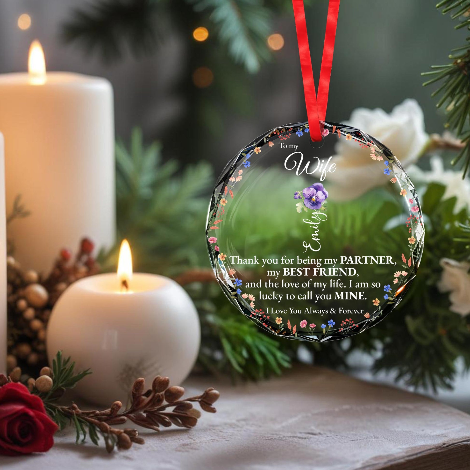 Eternal Love & Flowers Custom Glass Ornament For Wife