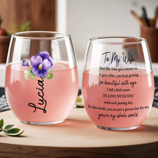 Love With Age Wine Glass Featuring Flowers and Sweet Message - Personalized Stemless Wine Glass - WIF042_WIGL