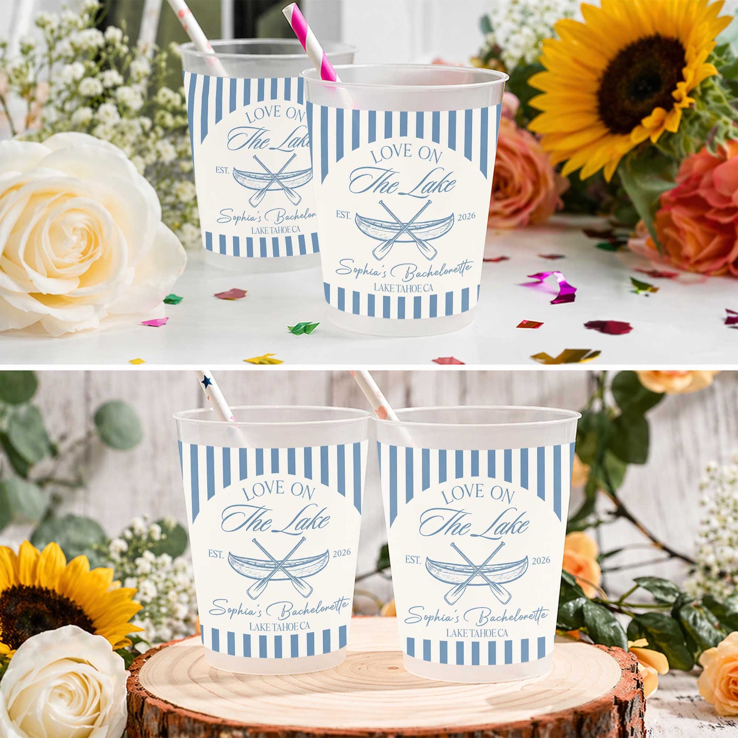 Love On The Lake Bachelorette Canoe And Nautical Stripes - Personalized Frosted Cups - WIF086_FCUP