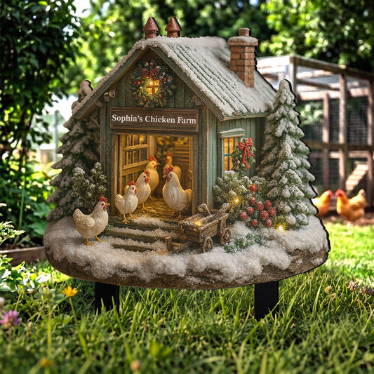 Chicken Farm With Snow And Christmas Trees Coop - Personalized Metal Garden Stake - XMAS037_MEGSTA