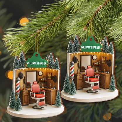 William's Barber, Barber Chair And Pole - Personalized Custom Wood Ornament, Custom Shaped - XMAS067_WDO