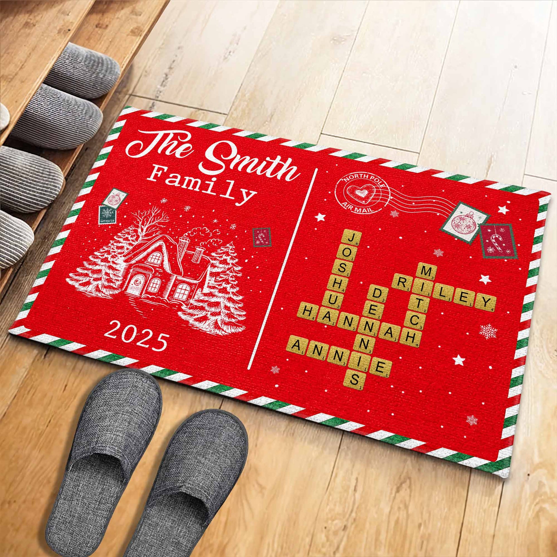 The [Family Name] Family Christmas House and Snowflakes Doormat
