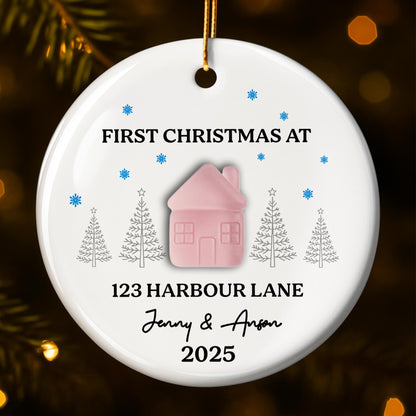 First Christmas At [Customizable Address] With Snowflakes And Trees