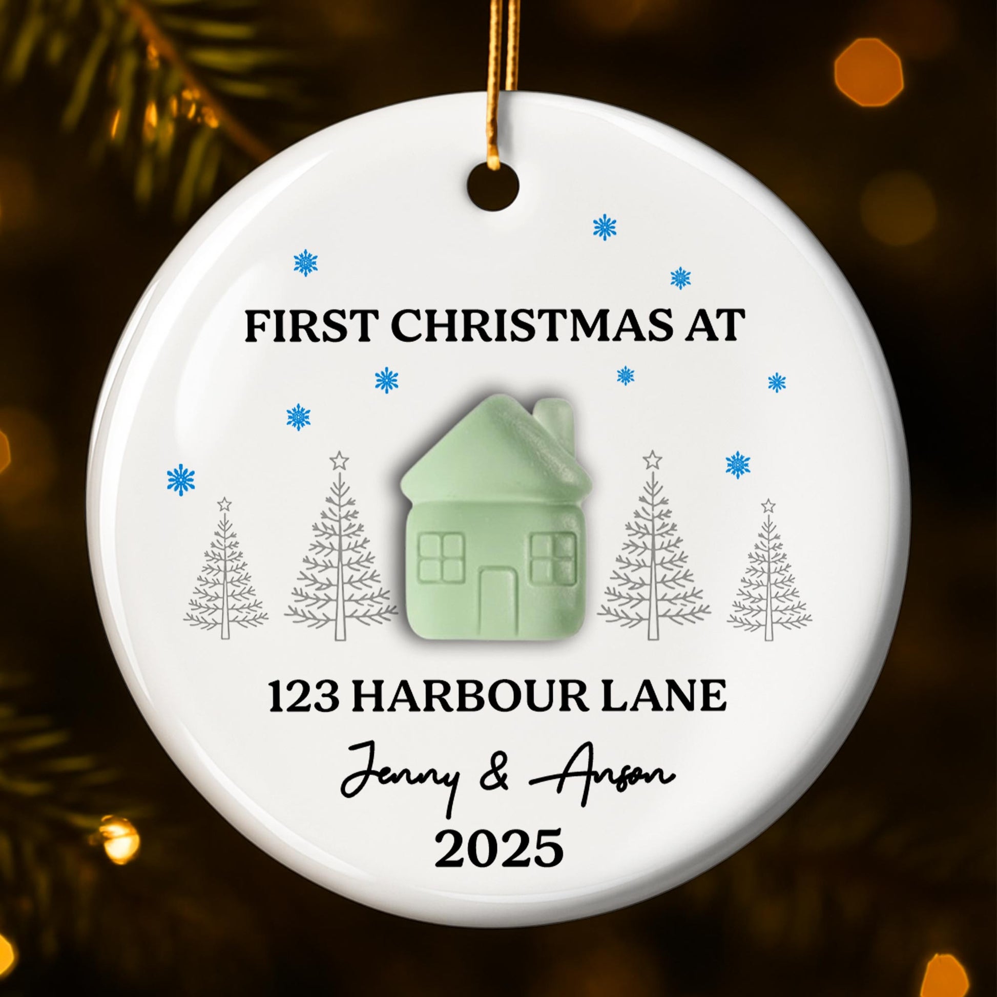 First Christmas At [Customizable Address] With Snowflakes And Trees
