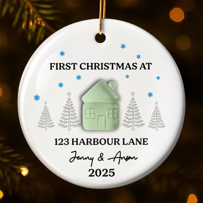 First Christmas At [Customizable Address] With Snowflakes And Trees