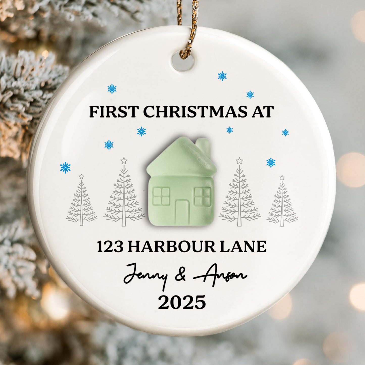 First Christmas At [Customizable Address] With Snowflakes And Trees