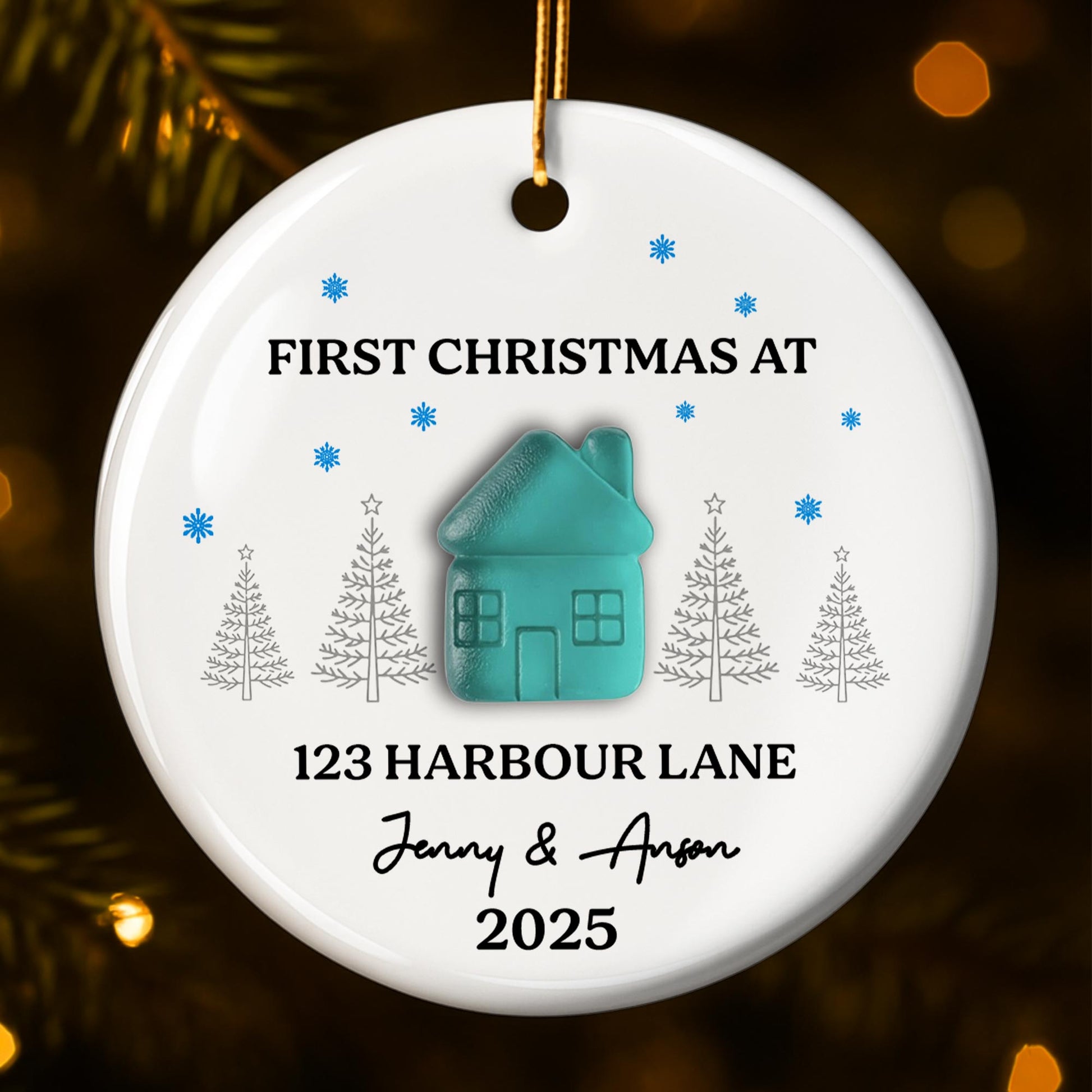 First Christmas At [Customizable Address] With Snowflakes And Trees