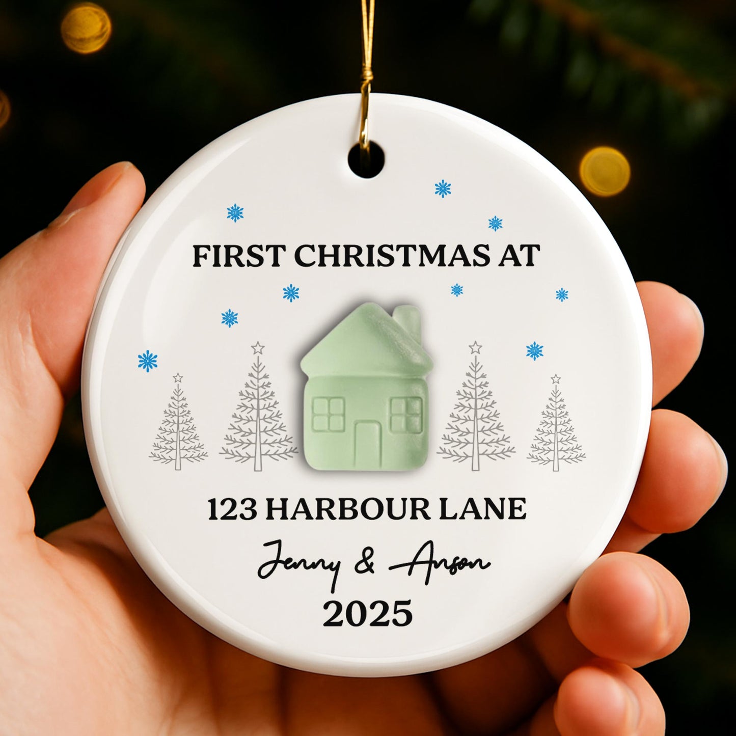 First Christmas At [Customizable Address] With Snowflakes And Trees