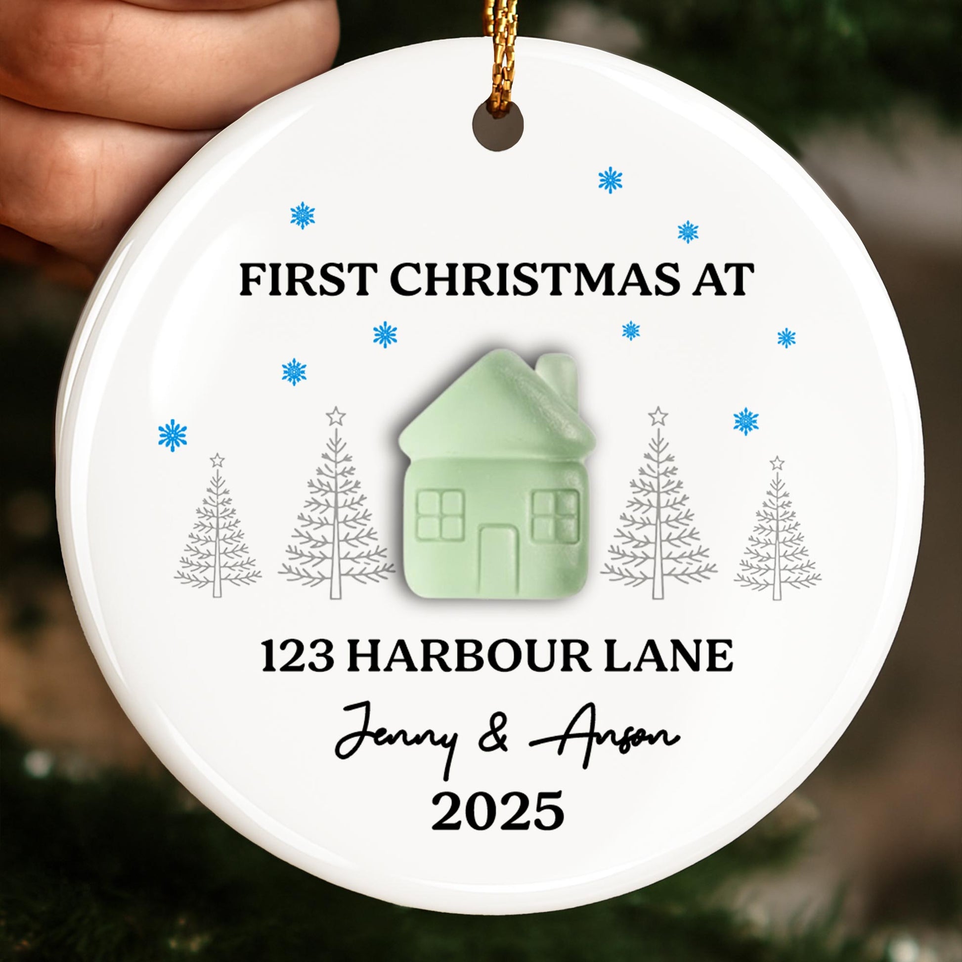 First Christmas At [Customizable Address] With Snowflakes And Trees