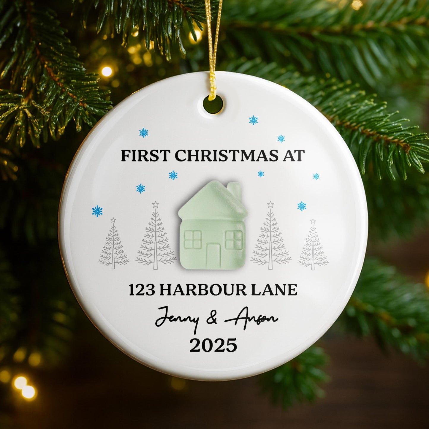 First Christmas At [Customizable Address] With Snowflakes And Trees