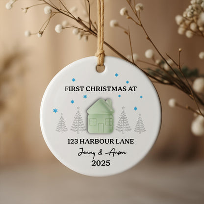 First Christmas At [Customizable Address] With Snowflakes And Trees
