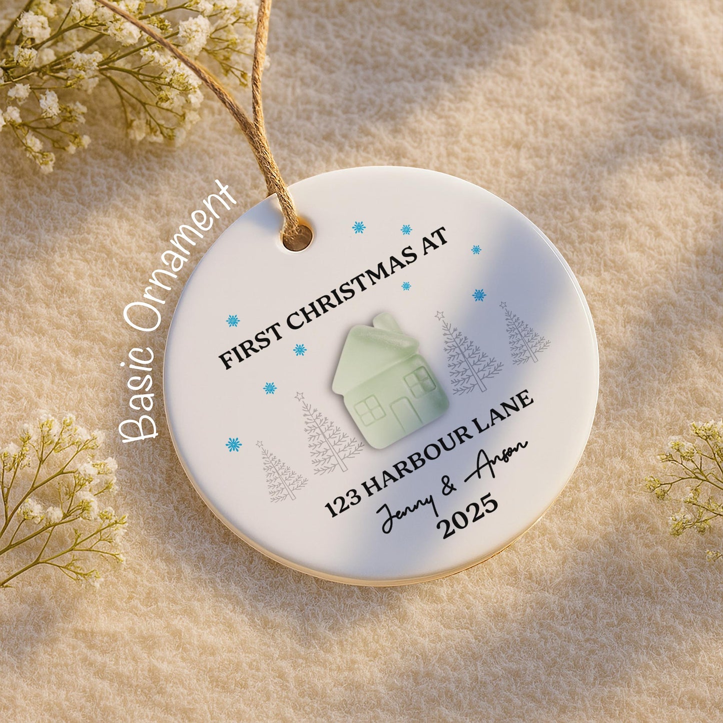 First Christmas At [Customizable Address] With Snowflakes And Trees