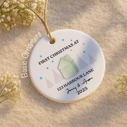 First Christmas At [Customizable Address] With Snowflakes And Trees