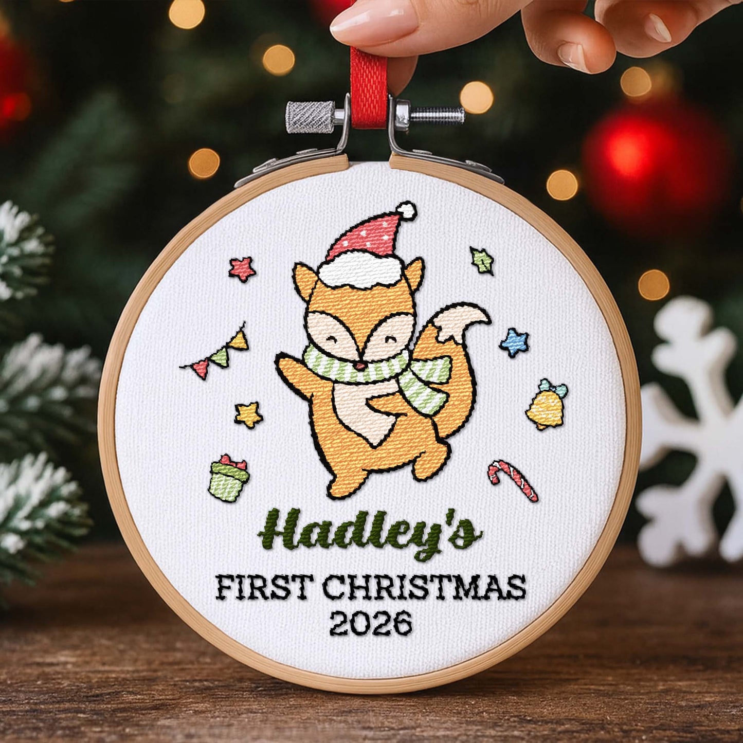 First Christmas With Cute Embroidered Fox And Holiday Decorations - Personalized Embroidered Ornament - XMAS158_EMBO