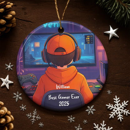 Best Gamer Ever Ornament With Headphones And Controller - Personalized Custom Ceramic Ornament With Round Shape - XMAS169_RCE