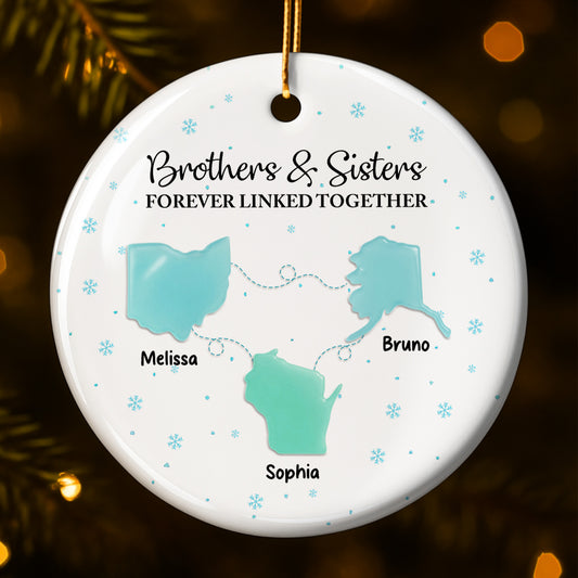 Brothers & Sisters Forever Linked Together With Snowflakes - Personalized Custom Ceramic Ornament With Round Shape - XMAS184_RCE
