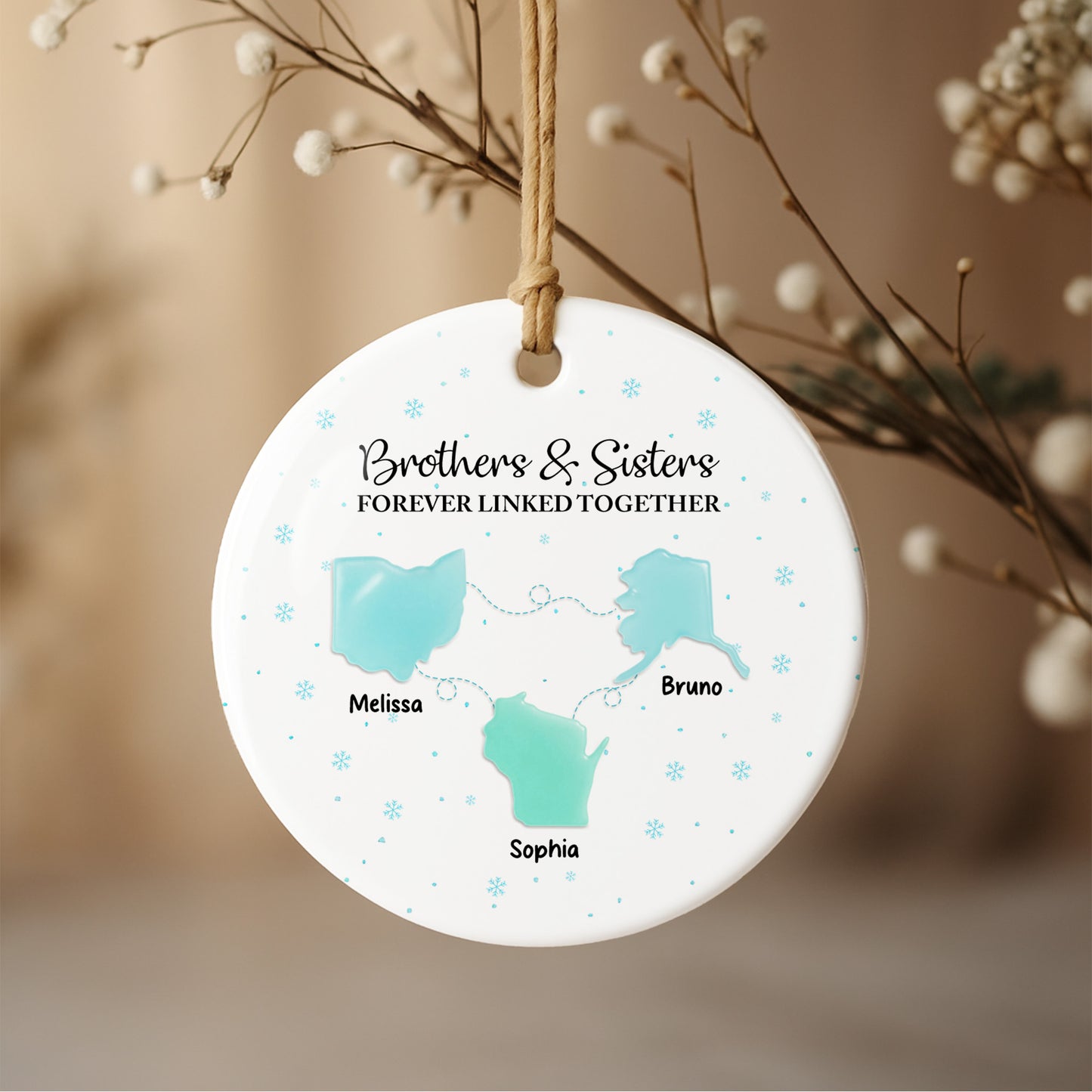 Brothers & Sisters Forever Linked Together With Snowflakes - Personalized Custom Ceramic Ornament With Round Shape - XMAS184_RCE