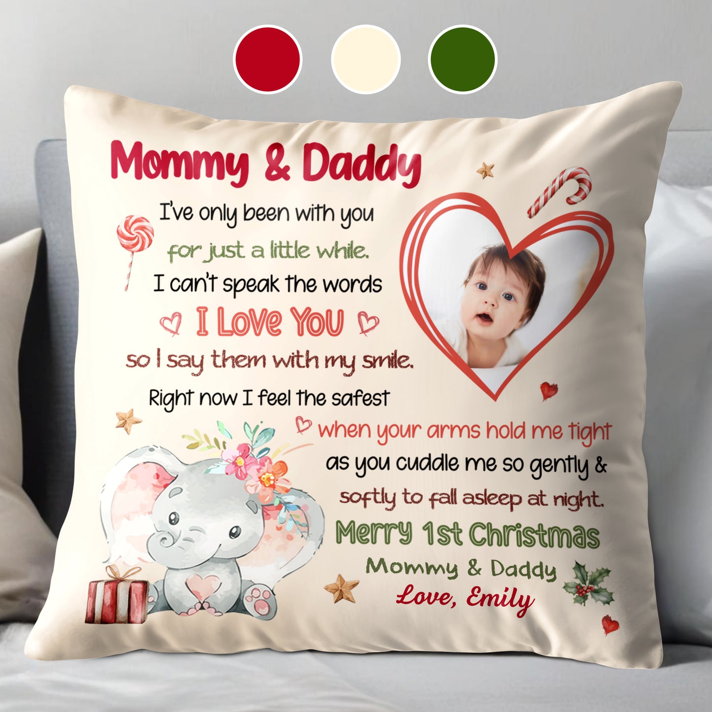 Merry 1st Christmas With Elephant, Flowers And Heart