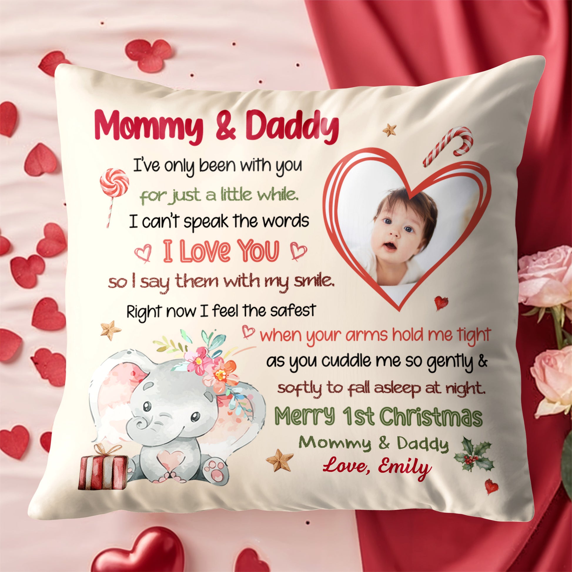 Merry 1st Christmas With Elephant, Flowers And Heart