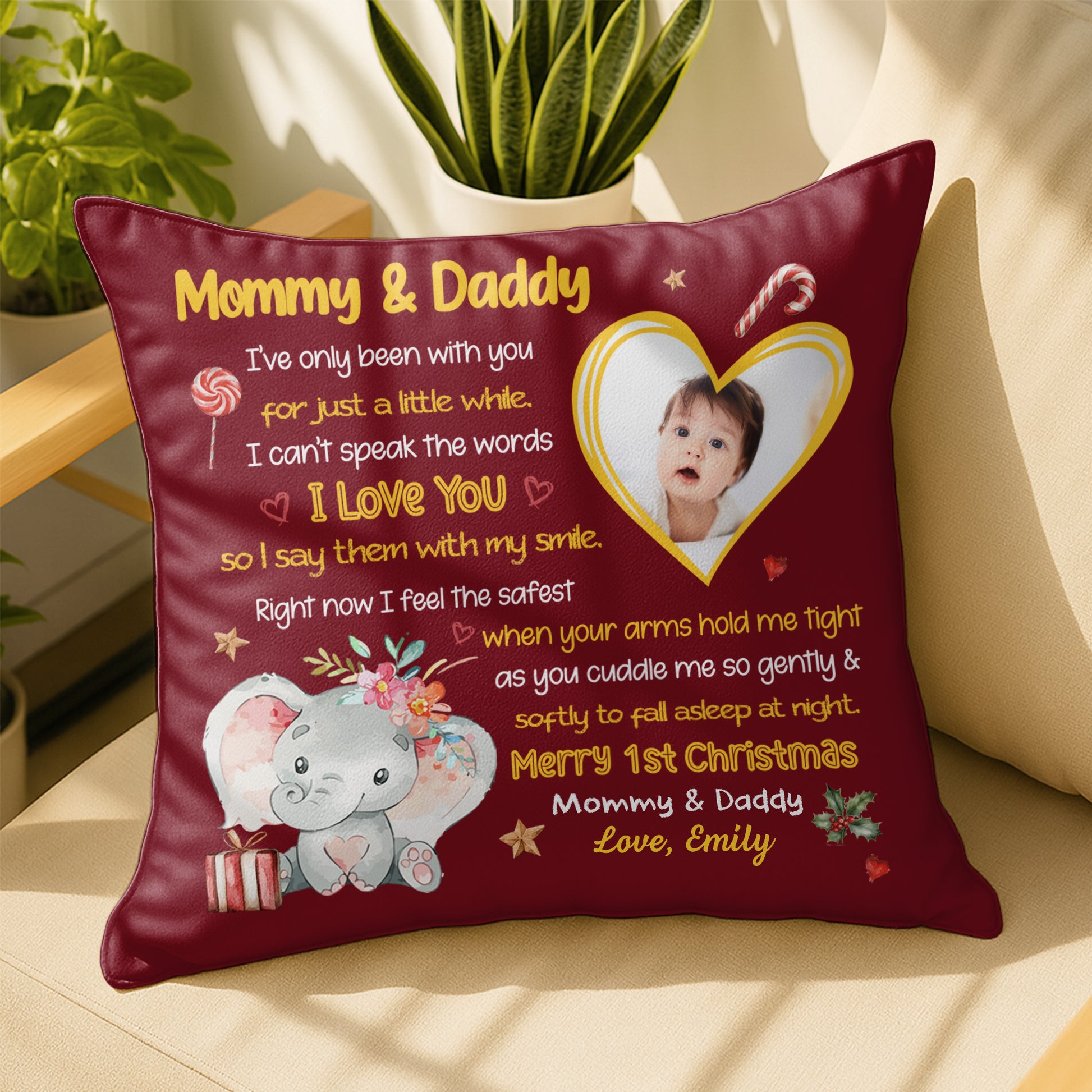 Merry 1st Christmas With Elephant, Flowers And Heart