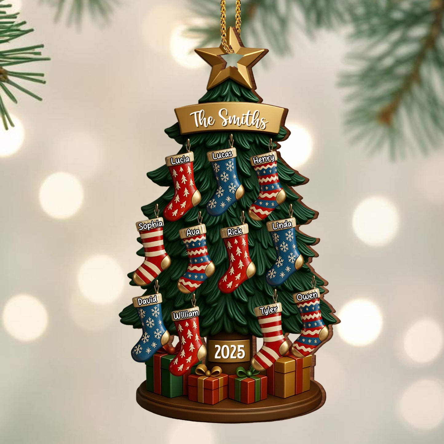 Customizable Family Name With Festive Christmas Tree And Stockings