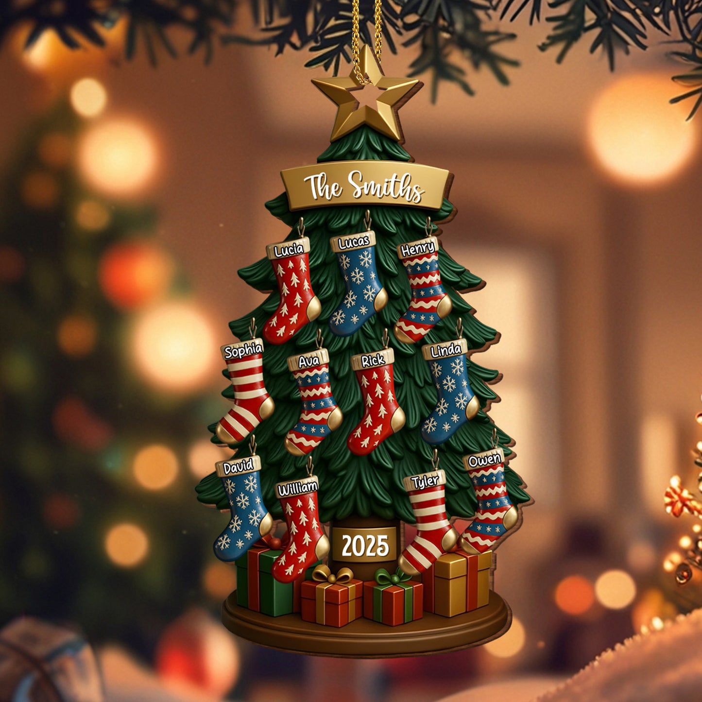 Customizable Family Name With Festive Christmas Tree And Stockings