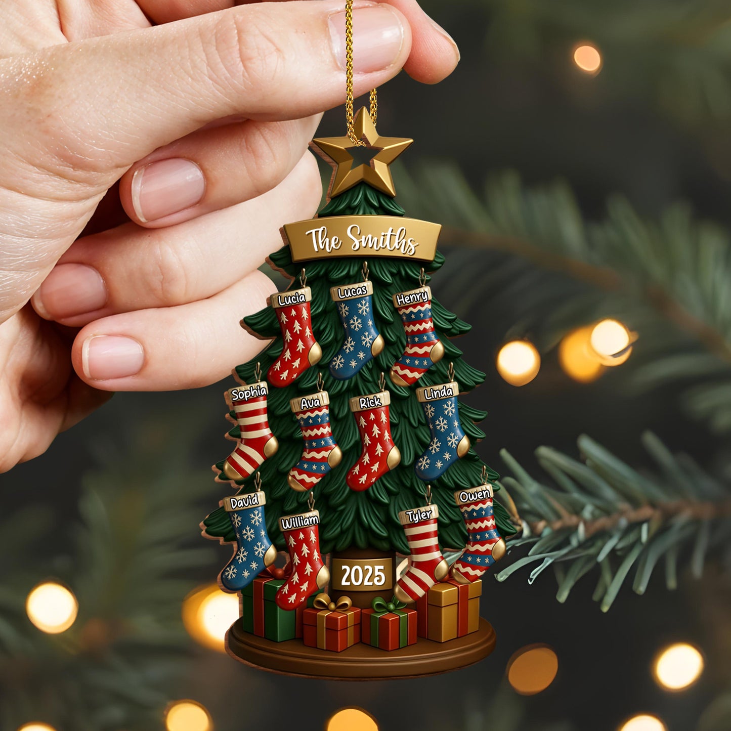 Customizable Family Name With Festive Christmas Tree And Stockings