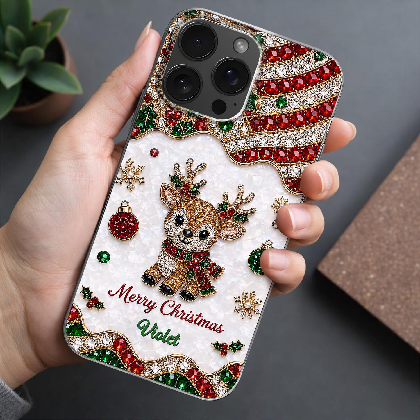 Merry Christmas Reindeer With 3D Crystal Effect Ornaments - Personalized Clear Phone Case - XMAS228_PHC