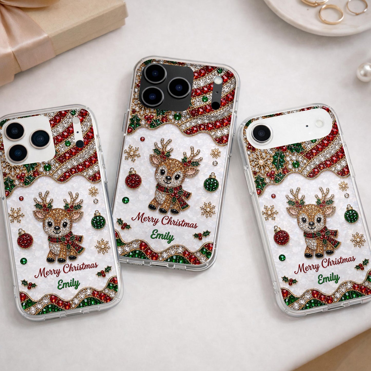 Merry Christmas Reindeer With 3D Crystal Effect Ornaments - Personalized Clear Phone Case - XMAS228_PHC