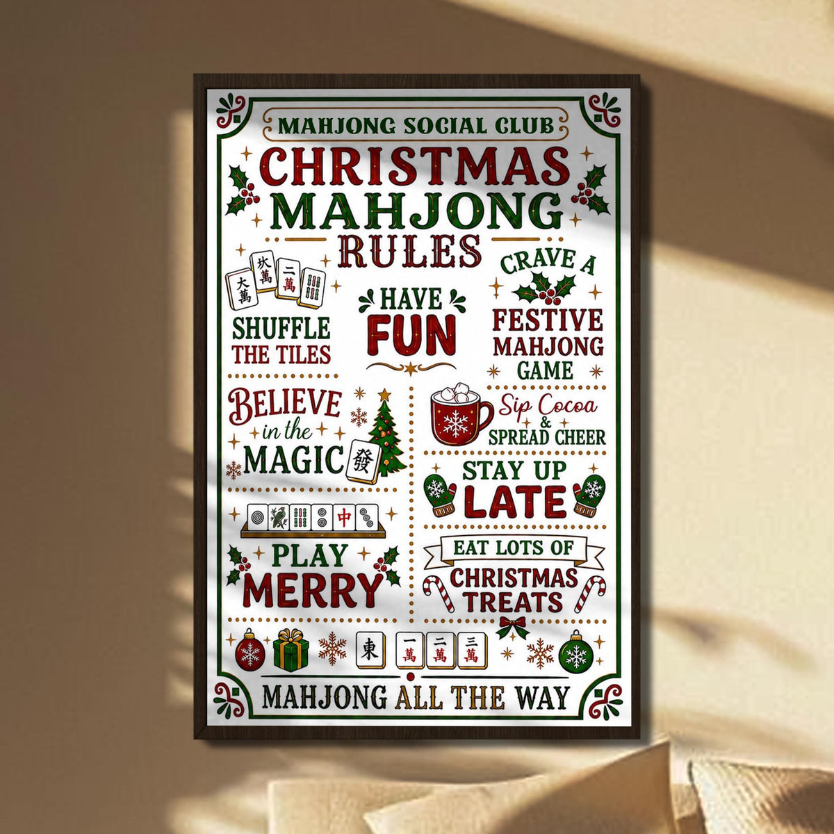 Mahjong Social Club Christmas Mahjong Rules Holiday Poster With Festive Tiles - Personalized Custom Vertical Poster - XMAS248_VPOS