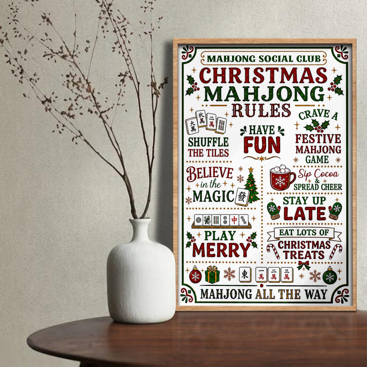 Mahjong Social Club Christmas Mahjong Rules Holiday Poster With Festive Tiles - Personalized Custom Vertical Poster - XMAS248_VPOS