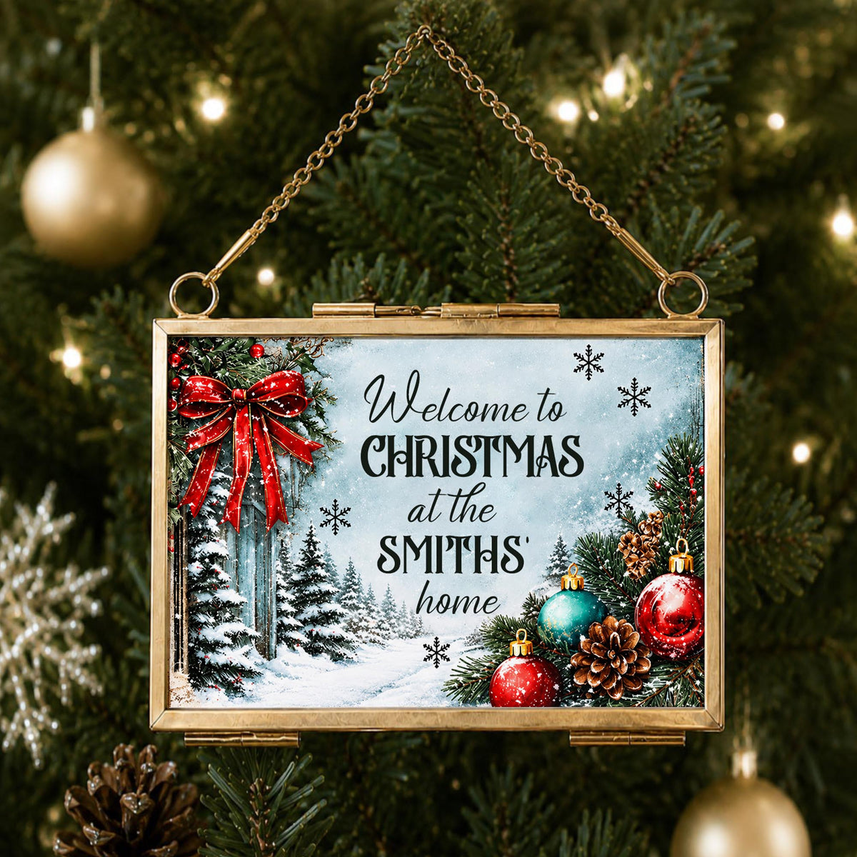 Welcome To Christmas At Our Home Red Bow Ornament Ornaments - Personalized Metal Frame Ornament - XMAS249_GOFRO