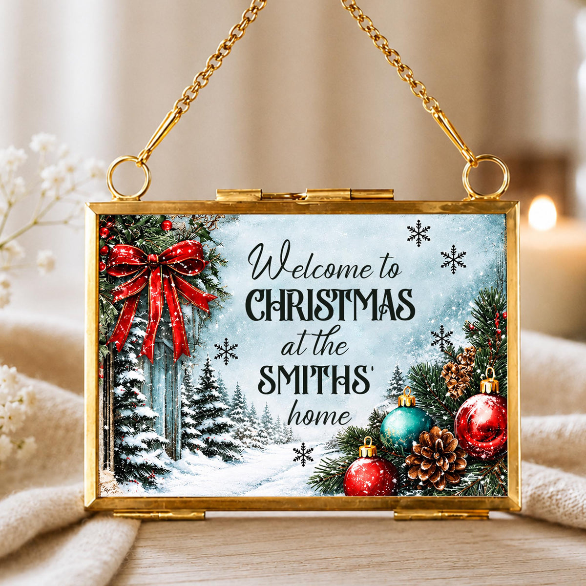 Welcome To Christmas At Our Home Red Bow Ornament Ornaments - Personalized Metal Frame Ornament - XMAS249_GOFRO