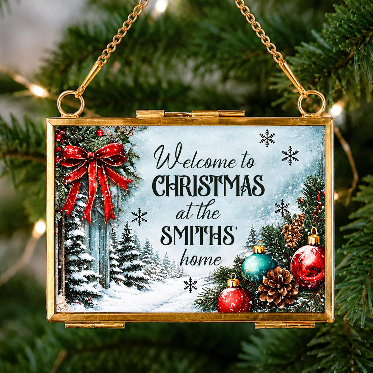 Welcome To Christmas At Our Home Red Bow Ornament Ornaments - Personalized Metal Frame Ornament - XMAS249_GOFRO