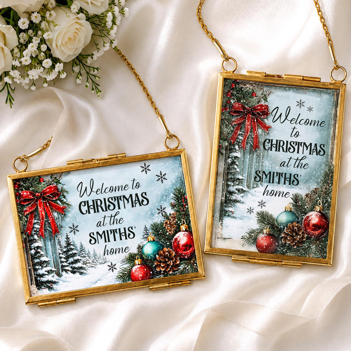 Welcome To Christmas At Our Home Red Bow Ornament Ornaments - Personalized Metal Frame Ornament - XMAS249_GOFRO